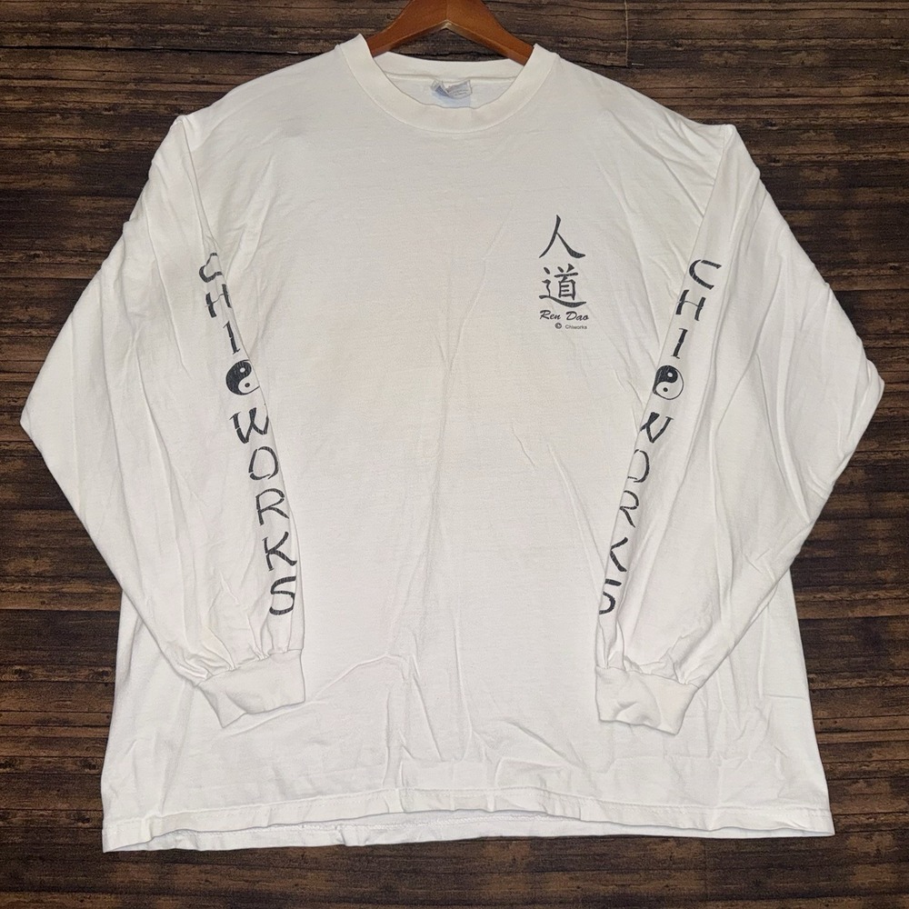 Hanes Long Sleeve T-Shirt Mens XL White Vintage 90s Chiworks Tai'Chi